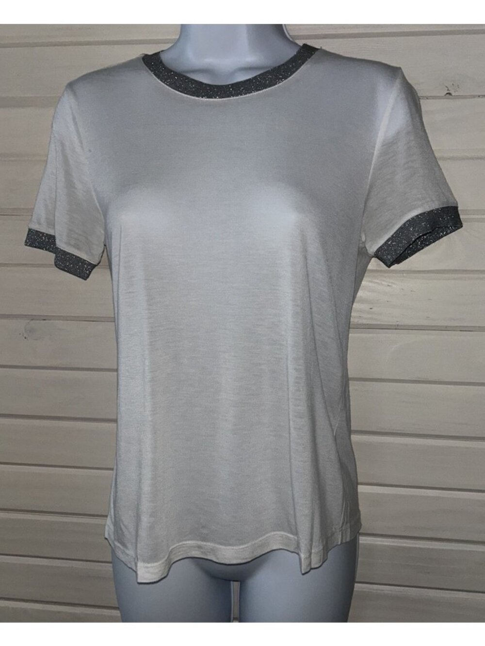 Rag & Bone Sz SMALL Brighton Glitter Trim Ringer Tee White S/S Top Lyocell EUC